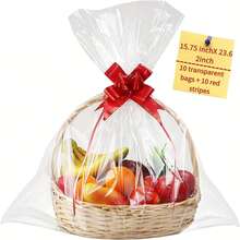 20pcs Large Glassine Gift Bags - 15.75 X 23.62 Inches, (10pcs Clear Bags + 10pcs Red Ribbons) PE Material Packaging Bags, Suitable For Fruit Baskets, Gift Wrapping & Display, Gift Baskets, Birthday, Wedding, Mother's Day, Easter, Christmas Gifts - View 2