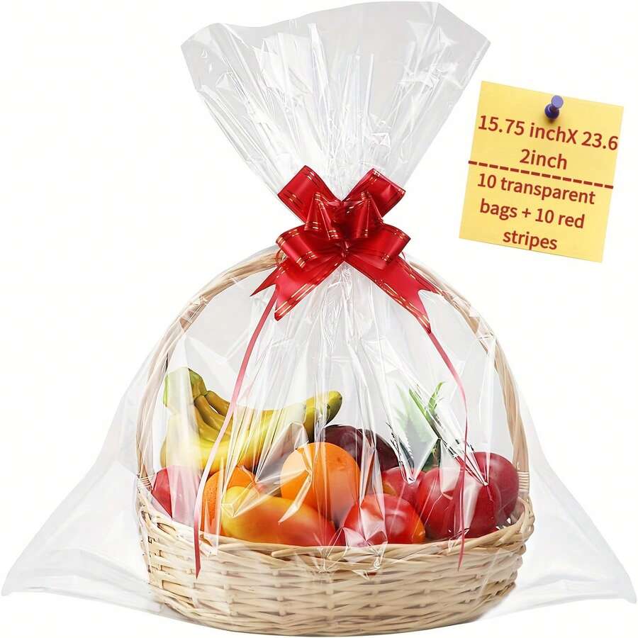 20pcs Large Glassine Gift Bags - 15.75 X 23.62 Inches, (10pcs Clear Bags + 10pcs Red Ribbons) PE Material Packaging Bags, Suitable For Fruit Baskets, Gift Wrapping & Display, Gift Baskets, Birthday, Wedding, Mother's Day, Easter, Christmas Gifts