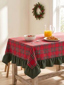 1pc Red & Green Classic Large Plaid Tablecloth, Traditional Country Style, Rectangular Green Leaf Edge With Pleated Details, Stain-Resistant Protective Table Cover, Functional Home Long Tablecloth Suitable For Christmas Family Gatherings And Winter Holiday Kitchen Decor - Red - View 10