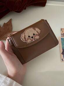 Retro Brown Wallet With Cute Animal Patch,PU Multi Card Holder,Zipper Coin Purse,Cute Cat Hedgehog Dog Card Wallet With Coin Pocket,Holiday Gifts - Multicolor - View 3