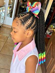 1pc Kids Wig, With Colorful Bow Clip, Fluffy Cute Short Ponytail, Decorated With Colorful Beads At The Ends, Suitable For Daily Wear And Parties. - Black - View 4