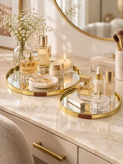 1pc Luxury Nordic Style Round Mirror Glass Tray, Aluminum Alloy Frame Vanity Storage Plate, Suitable For Perfume, Jewelry, Candles, Bathroom, Bedroom And Coffee Table Decor