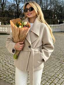 Women's Funnel Neck Tie-Front Long Sleeve Coat, Woven Fabric, Elegant Autumn/Winter Style - Apricot - View 7