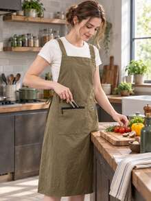 1pc Long Apron For Women, Lightweight And Breathable, Multi-Functional Pocket Design, Dedicated Phone Pocket, Kitchen Cooking Protection, Suitable For Kitchen Cooking, Restaurant, Party Gathering, Gift For Family - Multicolor - View 7