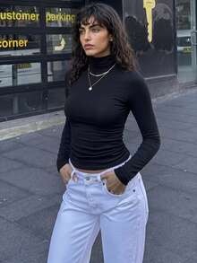 Women's Black Turtleneck Long Sleeve Knit Top, Autumn/Winter Essential, Regular Fit, Versatile Daily Style, 250g Knit Fabric - Black - View 1