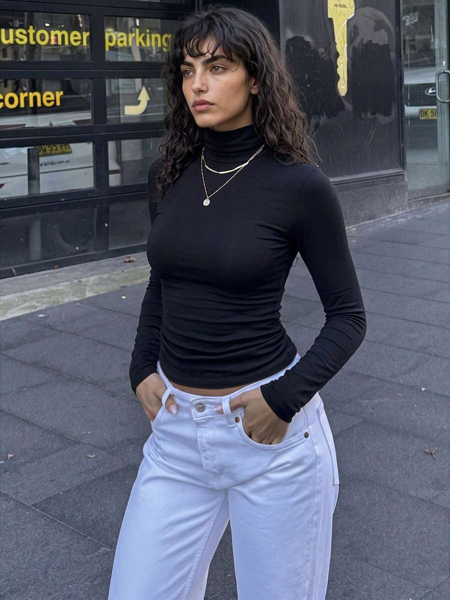 Women's Black Turtleneck Long Sleeve Knit Top, Autumn/Winter Essential, Regular Fit, Versatile Daily Style, 250g Knit Fabric - Black - View 1