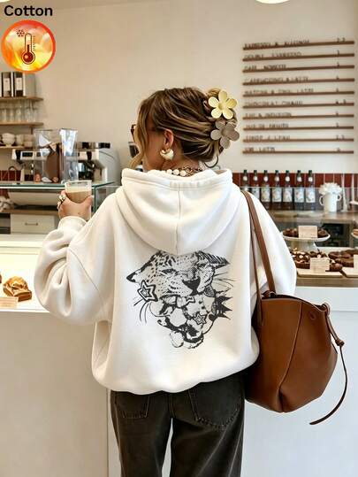 Sweat-shirt-shirt décontracté à manches longues avec cordon de serrage pour femmes, Sweat-shirt-shirt pullover avec doublure chaude, imprimé léopard, Top streetwear à épaules tombantes