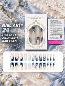 24 Autumn/Winter Long Square Press-On Nails, Navy French Nude Pink False Nails, 3D Embossed Blue & White Hand-Painted Floral Gradient Shell Pearl Rhinestone Finished Nail Tips, Removable & Reusable Manicure Set With Jelly Glue And Nail File - Multicolor - View 3