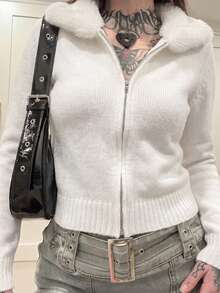 GLAMSKIN Women's Autumn/Winter Solid Color Knit Zip-Up Hooded Cardigan, Faux Fur Collar Long Sleeve Sweater Jacket, Fashionable Autumn Outfit - White - View 11