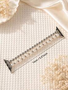 1pc Women's Double Row Pearl Beaded Bracelet Watch Band, Elastic Stretch Strap, Compatible With Apple Watch 38/40/41mm & Series 10 42mm - White - View 2