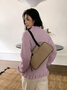 Autumn New Korean Style V-Neck Niche Sweater Cardigan Lazy Ruffle Hem Waist-Cinching Slimming Knitwear Sweater - Pink - View 5