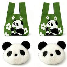 2pcs Cute Panda Handbag With Panda Accessories, Large Capacity Knitted Woven Bag, Versatile Cartoon Tote Bag, New Holiday Gift Bag Souvenir - Multicolor - View 11