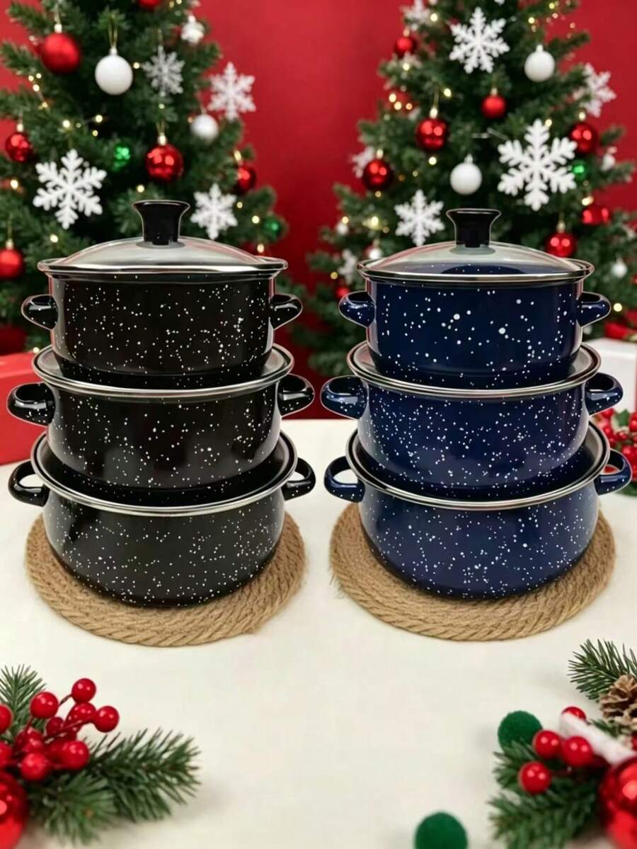 3pcs Multi-Size Enamel Soup Pot Set, Double-Ear Soup Pot With Starry Pattern, Outdoor Picnic Pot, Enamel Stew Pot, Small Stew Pot, Ramen Pot, Oil Pot With Lid, Baby Food Pot, Multi-Color 3pcs Enamel Cookware Set, Thick Double-Ear Enamel Cooking Pot, Multi-Purpose For Gas & Induction Cooktop, Enamel Pot With Lid And Handles - Caliber 6.3IN-7.87IN - View 1