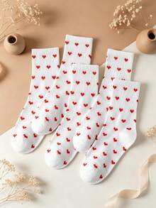 5 Pairs Sweet Red Heart All-Over Print Mid-Calf Socks, Simple White Heart Pattern Student Socks, Versatile Daily Wear Girls Socks - White - View 1