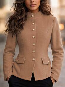 Women's Autumn/Winter Stand Collar Gold Button Fitted Wool-Like Blazer, Long Sleeve Faux Pocket Elegant Commute Outerwear - Khaki - View 1
