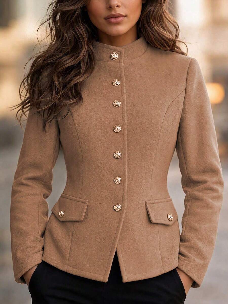 Women's Autumn/Winter Stand Collar Gold Button Fitted Wool-Like Blazer, Long Sleeve Faux Pocket Elegant Commute Outerwear - Khaki - View 1