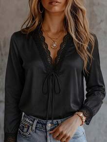 Women's Loose Elegant Solid Color Lace Top, Hollow Floral Lace Design - Black - View 7