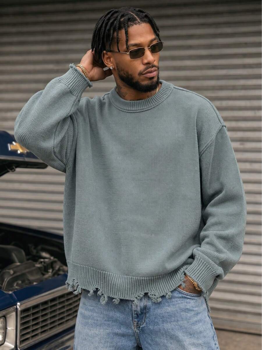 BLACKTOEXIT Men's Crew Neck Dropped Shoulder Retro High Street Frayed Hem Casual Sweater, Autumn/Winter - Grey - View 1