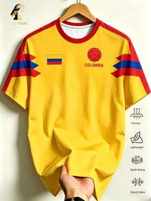 Men Colombia Flag Graphic Print Soccer Jersey, Moisture‑Wicking Quick‑Dry Breathable Short‑Sleeve Football Shirt For Training Match Daily Wear, Gift - Yellow - View 2