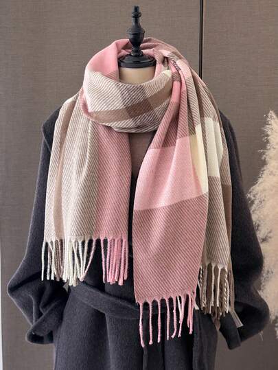 1 Pc Korean Style Women's Unisex Color Plaid Stripe Tassel Faux Cashmere Scarf Shawls Poncho Winter Warm Thick Style Neck Wrap Hijab Pashmina.