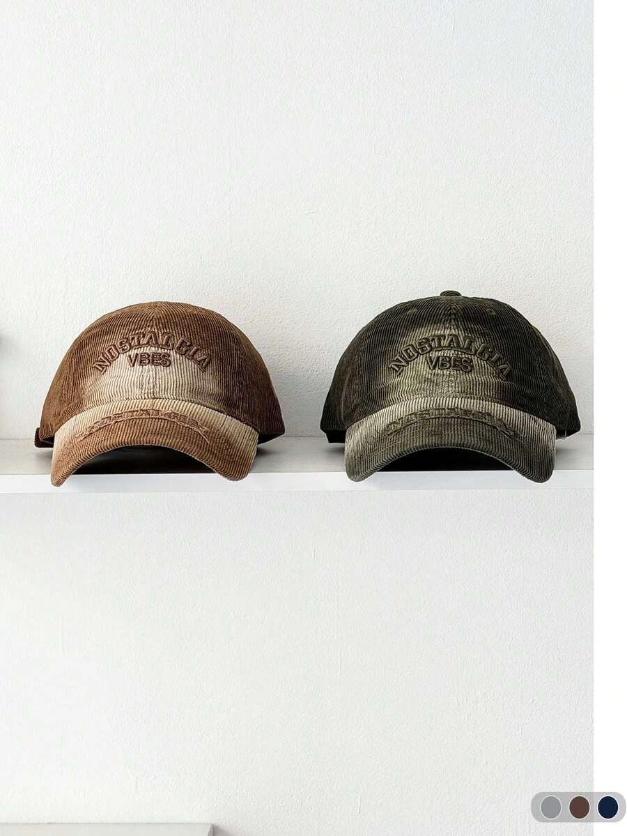 1件軟頂新款做舊水洗字母刺繡棒球帽，顯臉小，秋冬中性燈芯絨棒球帽，復古燈芯絨棒球帽，做舊破邊設計