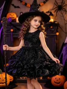 Tween Girl Sequin Puff Cake Princess Dress, Girls Dress For Wedding Flower Girl, Birthday, Evening Party, Holiday Gathering, Runway, Piano Performance, Formal Occasion - Black - View 1