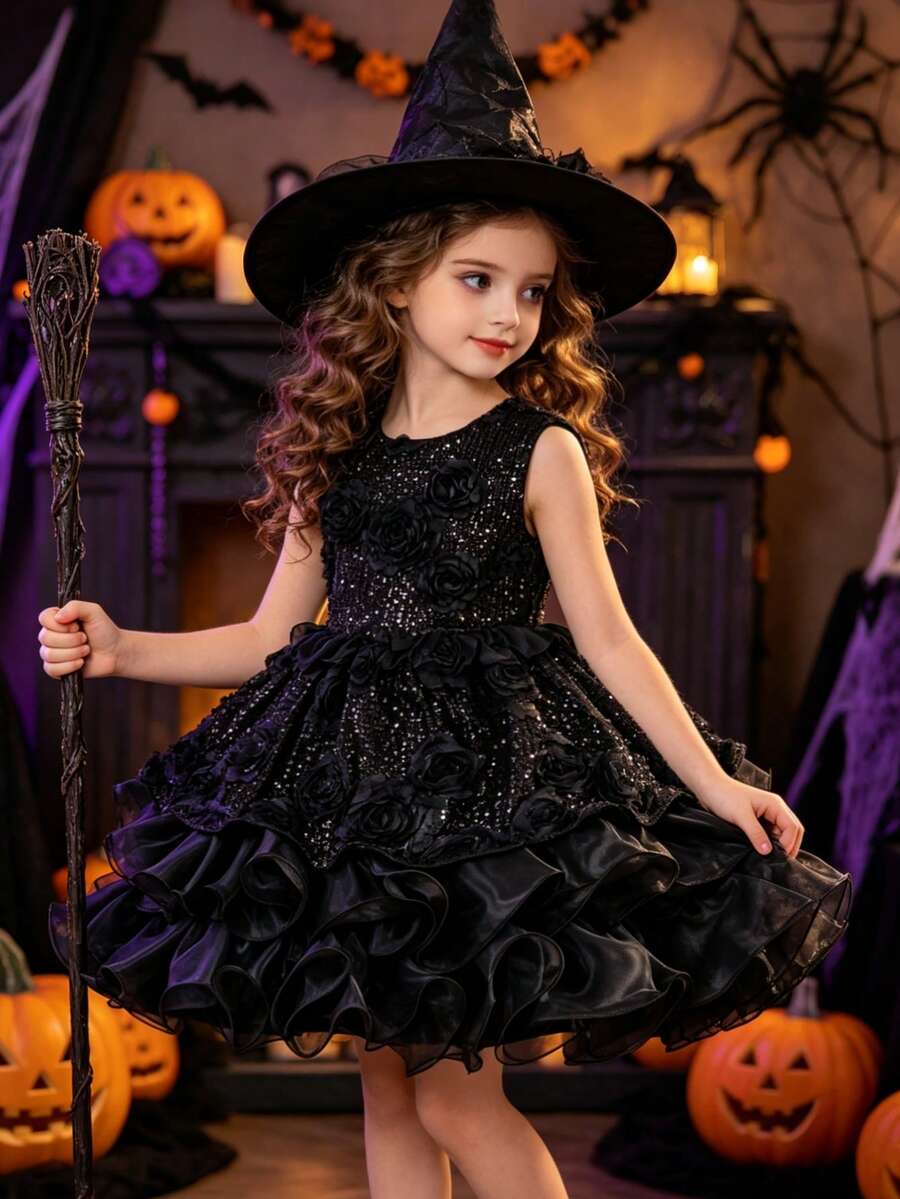 Tween Girl Sequin Puff Cake Princess Dress, Girls Dress For Wedding Flower Girl, Birthday, Evening Party, Holiday Gathering, Runway, Piano Performance, Formal Occasion - Black - View 1