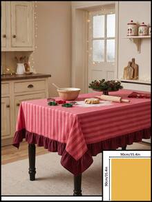 1pc Red And White Thin Striped With Burgundy Ruffle Edge Tablecloth, Christmas Baking Style Fabric Material, Rectangular Burgundy Ruffle Edge Patchwork Detail, Stain-Resistant Protection And Decorative Function For Home Long Table, Suitable For Christmas Baking Decor And Holiday Kitchen Scenes - Red - View 22