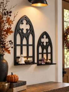 1pc Arched Wall-Mounted Storage Rack, Vintage Gothic Style Black Hollow Wall Display Shelf, Cathedral-Inspired Mini Plant Shelf, Halloween Party Backdrop Candle Holder Wall Storage Rack, Home Decor For Entryway, Living Room, Study, Bedroom, Aromatherapy Stone & Crystal Display, Gift - B - View 11