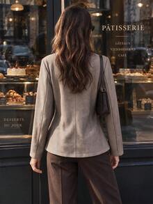 Women's New Elegant Round Neck Wool Blend Blazer Coat, Herringbone Pattern Button Front Jacket, Suitable For Daily Commute Wear - Grey - View 4