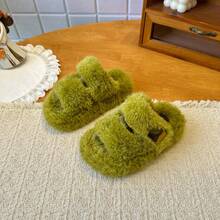 Children's Green Plush Slippers, Open Toe Plush House Slippers With Strap, Toddler Warm Soft Sole Anti-Slip Winter Indoor Shoes - Green - View 4
