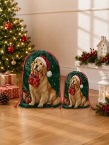 2pcs Red & Green Snowflake Christmas Tree Print Gift Wrapping Bags, Nordic Style Fabric Rectangular Drawstring Gift Sacks With Knit-Look Pattern For Christmas Presents, Party Favors & Holiday Decor - Multicolor - View 10