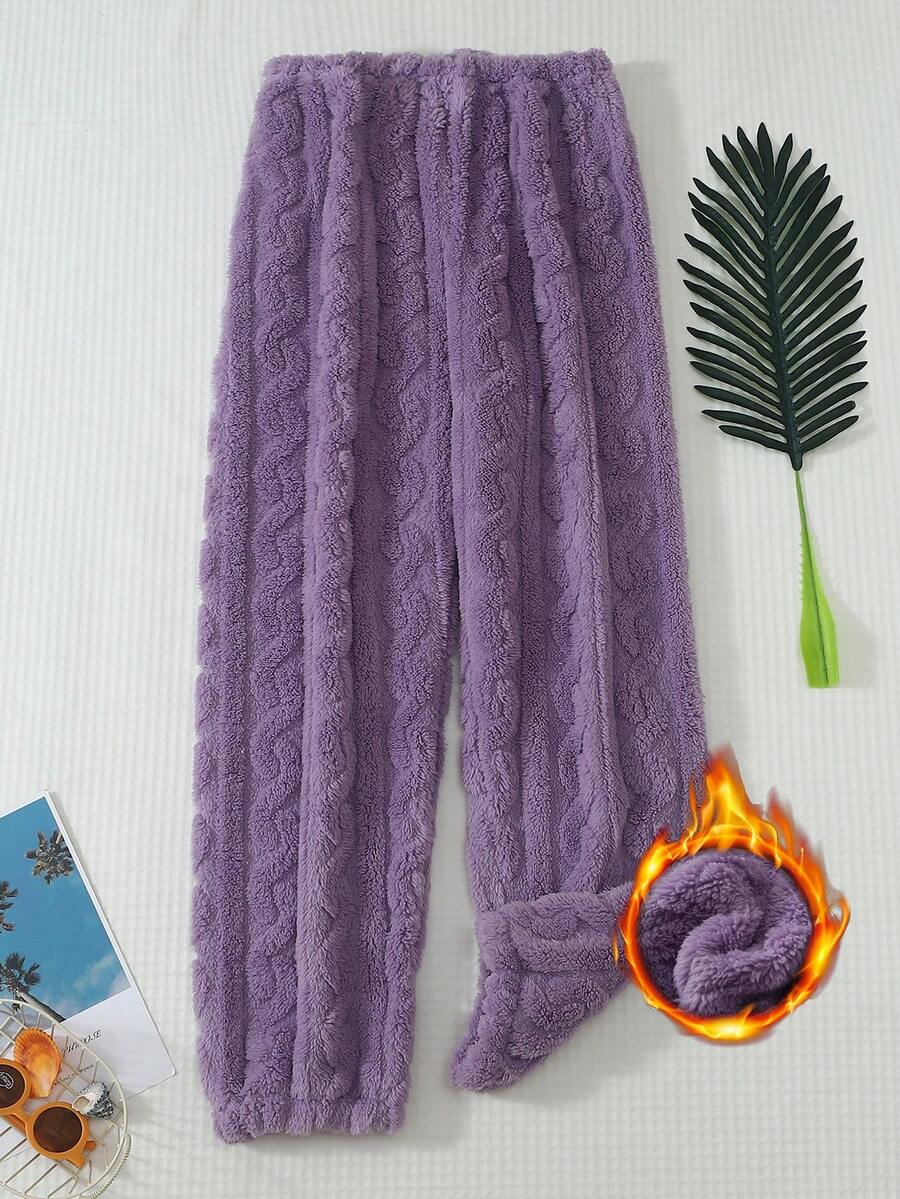 1pc Women's Solid Color Soft Comfortable Thermal Lined Thickened Pajama Pants, Autumn/Winter - Purple - View 1