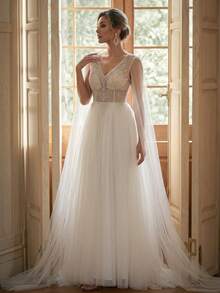 Ball Gown Evening Dress, Romantic Sheer Corset Lace-Up Tulle Long Dress, Fairy Princess Gown, Suitable For Weddings And Formal Parties - White - View 3