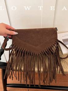 low tea 1pc Fashionable Tassel Suede Fabric Shoulder Bag, Suitable For Commuting, Shopping And More - Coffee - View 8