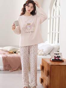 2pcs/Set Women's Spring/Autumn Pajamas Casual Cartoon Sweat-Absorbing Breathable Round Neck Long Sleeve Long Pants Cartoon Spring/Autumn/Winter Loungewear Fall Clothes For Women - Apricot - View 7