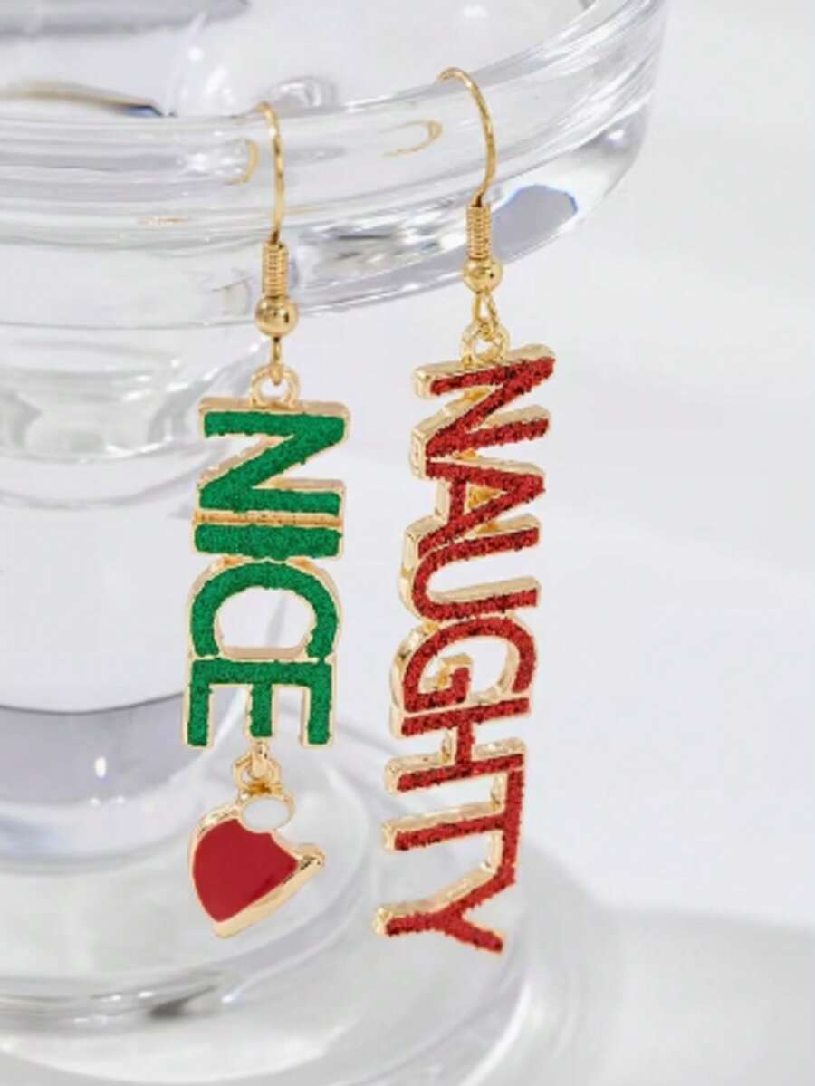 1對聖誕字母「NICE NAUGHTY」耳環，聖誕帽節日耳環禮物 - 彩色 - 查看 1