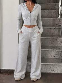 GLAMSKIN Women's Autumn Mixed Gray 2 Pieces Set, Zipper Hooded Ruched Top + High Waist Wide Leg Pants, Sporty Casual Loungewear Set - Light Gray - View 11