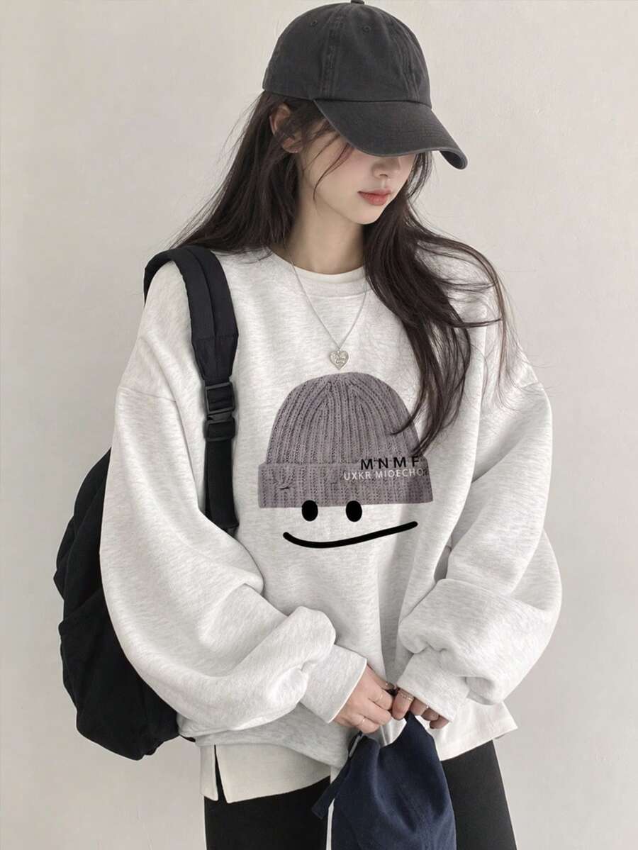女士休闲宽松笑脸卡通印花圆领卫衣,适合秋冬春季穿着 - 淺灰色 - 查看 1