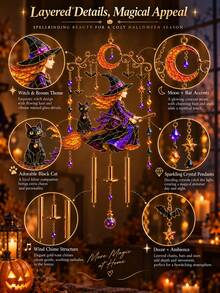 1pc Gothic Halloween Sun Catcher, Black Cat Moon Crystal Window Hanging Decor With Bat And Star Beads, Sunlight Prism Light Capture Decoration, Suitable For Bedroom Window, Witch Style Home Decor - A - View 9