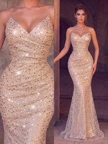 Women's Shiny Sequin Mermaid Evening Gown, Strapless Fitted Waist Long Dress, Suitable For Prom And Formal Occasions - Apricot - View 6