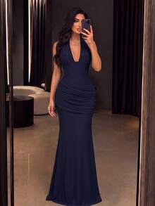 Elegant Halter Neck Deep V Ruched Fitted Mermaid Long Dress, Suitable For Photography, Beach Vacation, Resort, Wedding And Prom - Navy Blue - View 4