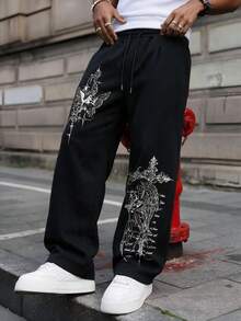 SU ER Men's Summer Casual Elastic Waist Drawstring Loose Draped Lazy Wide Leg Curved Hem Long Pants - Black - View 3