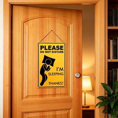 1pc Funny Yellow Hanging Wooden Plaque, Please Do Not Disturb I'm Sleeping Thanks! Door Sign With Jute Rope, Humorous Cartoon Stick Figure Print Wall Decor, Do Not Knock Privacy Warning Sign For Bedroom Hotel Apartment Door, Novelty House Decor Gift