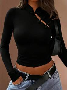 Women's Solid Color Frog Button Design Long Sleeve Casual Top - Black - View 1