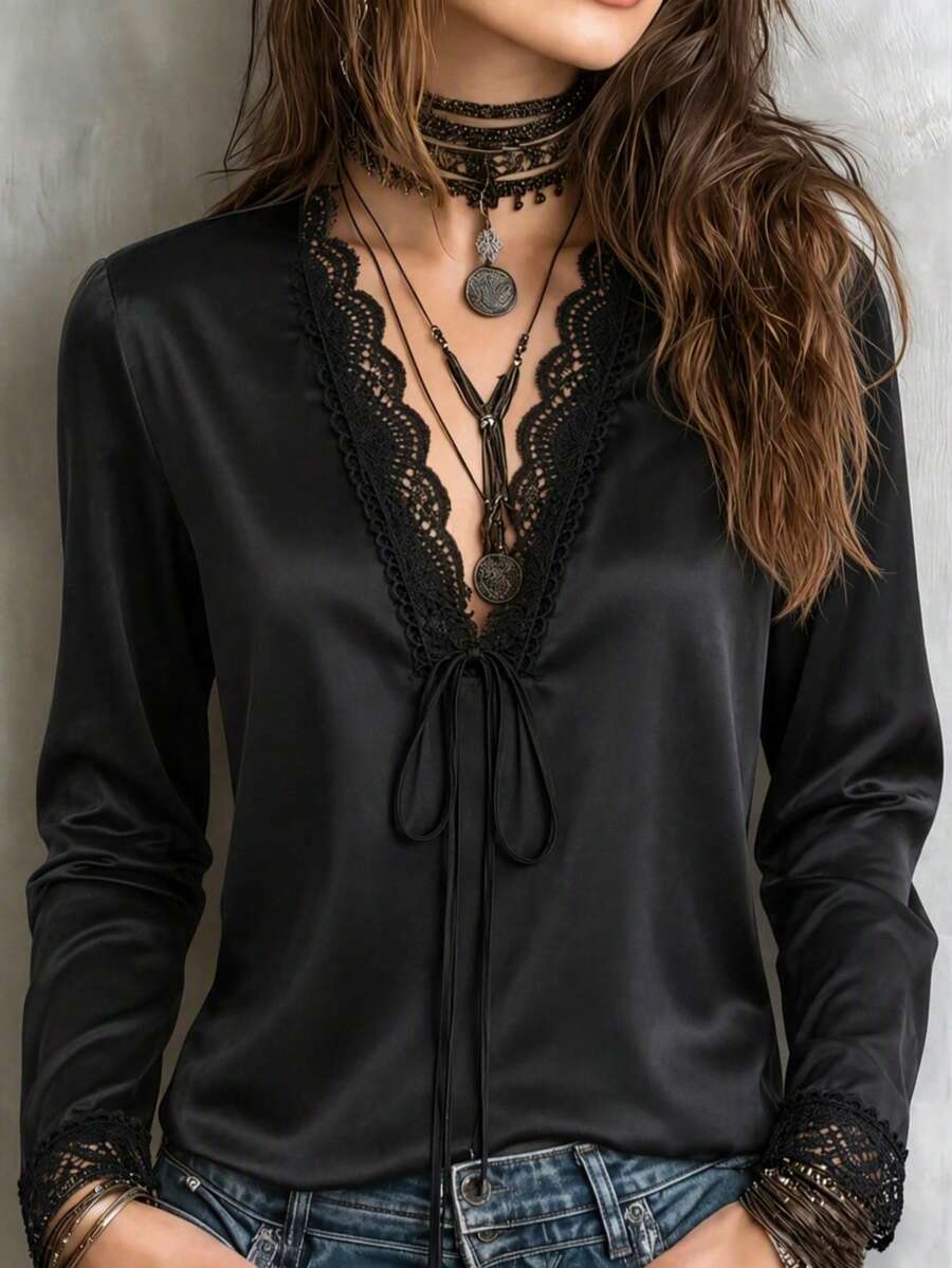 Women's Loose Elegant Solid Color Lace Top, Hollow Floral Lace Design - Black - View 1