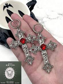2pcs Gothic Style Exaggerated Silver Rhinestone Cross Earrings, Paired With Black Punk Rock Halloween Accessories (Recommended To Purchase With Care Cloth) - Gothic - View 15