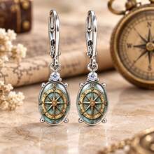 Vintage Style Nautical Compass Pattern Ear Clips Earrings, Domed Resin Design, Women's Travel Enthusiast Jewelry, Suitable For Daily Wear And Commuting - Silver - View 3