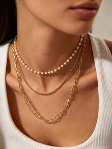 1pc 3-Layer Stacked Minimalist Versatile Necklace For Women, Stainless Steel With Gold Plating, Old Money Style - Gold - View 2