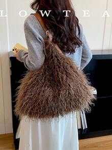 low tea 1pc Crescent Shaped Plush Fabric Shoulder Bag, Suitable For Commuting, Shopping And More - Coffee - View 13